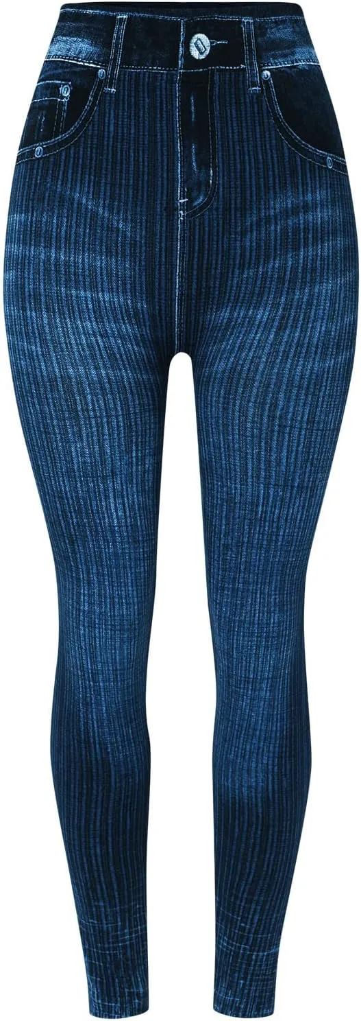 Women's Denim Print Fake Jeans Seamless Leggings, Full Length X-Small - 3X-Large