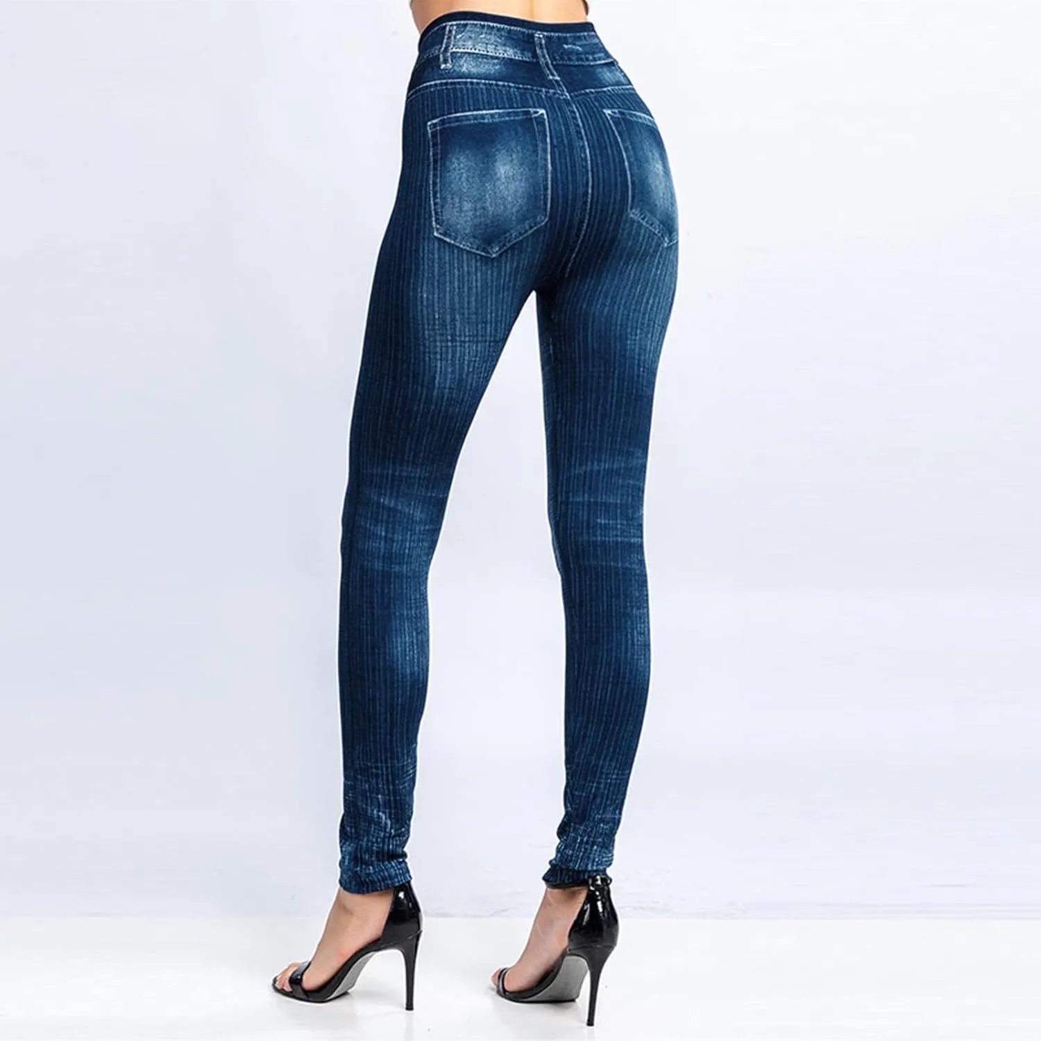 Women's Denim Print Fake Jeans Seamless Leggings, Full Length X-Small - 3X-Large