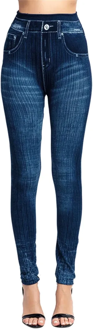 Women's Denim Print Fake Jeans Seamless Leggings, Full Length X-Small - 3X-Large