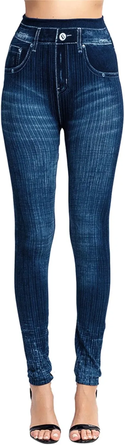 Women's Denim Print Fake Jeans Seamless Leggings, Full Length X-Small - 3X-Large