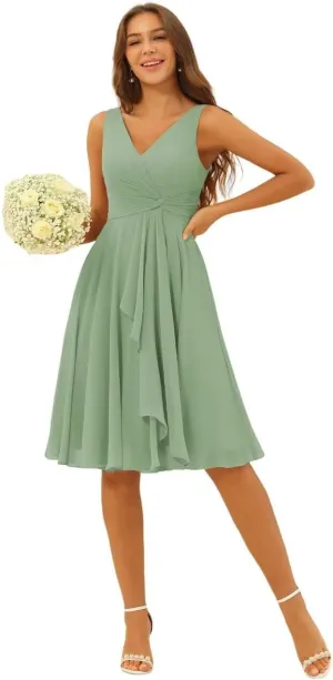 Womens Double V Neck Short Bridesmaid Dresses 2025 Ruched Waist A Line Chiffon Formal Cocktail Party Dress RO296