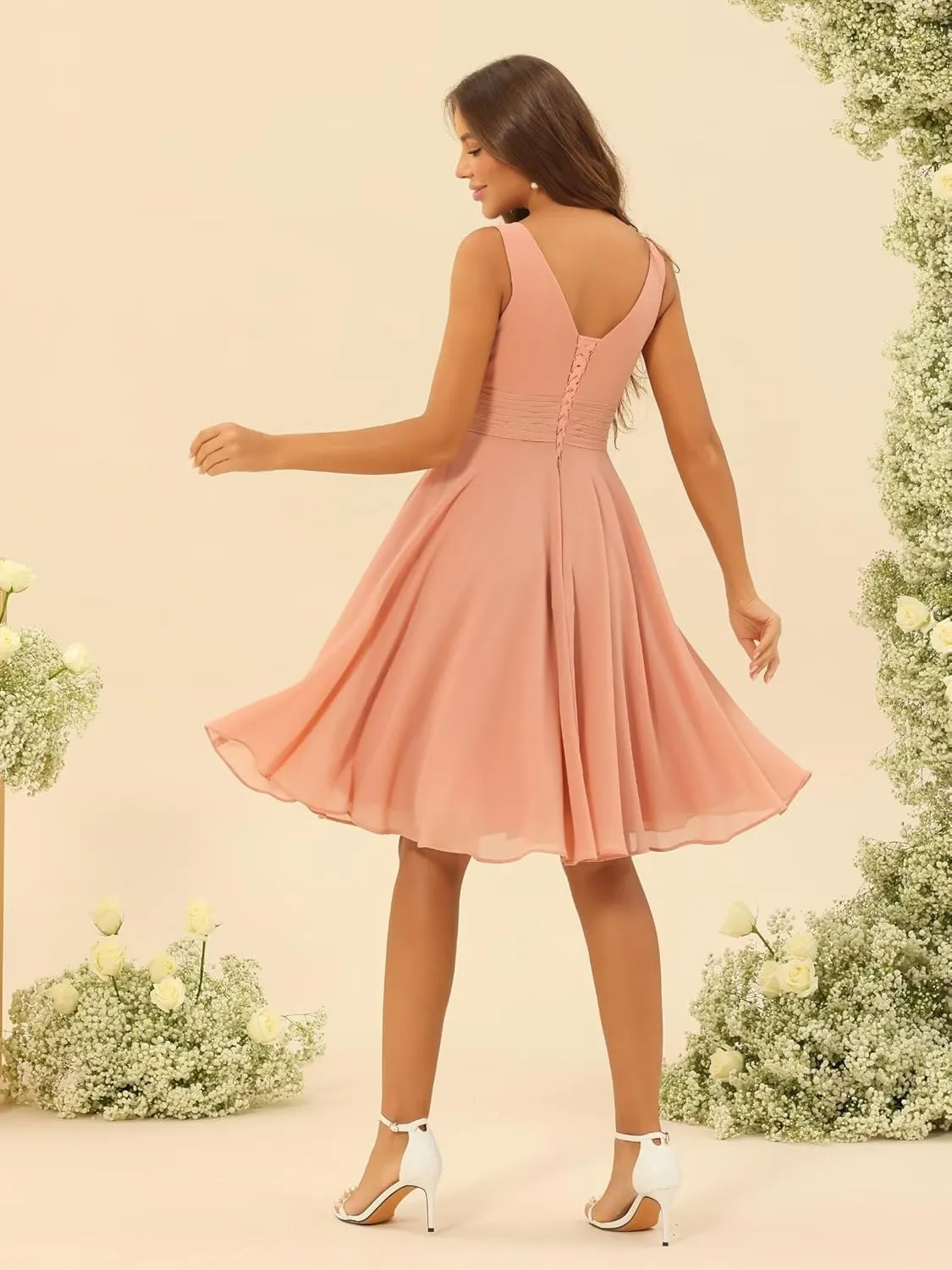 Womens Double V Neck Short Bridesmaid Dresses 2025 Ruched Waist A Line Chiffon Formal Cocktail Party Dress RO296