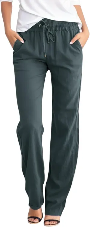 Womens Drawstring Elastic Waist Pants Linen Cotton Casual Trousers 2024 Summer Straight Leg Baggy Solid Pants with Pockets