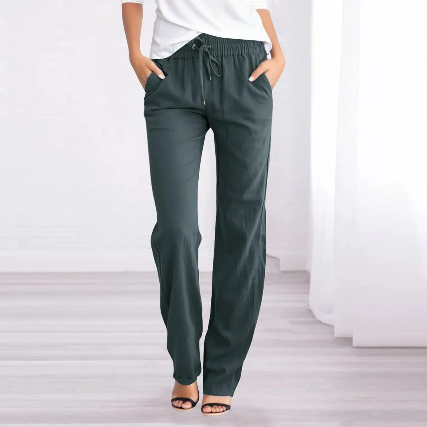 Womens Drawstring Elastic Waist Pants Linen Cotton Casual Trousers 2024 Summer Straight Leg Baggy Solid Pants with Pockets