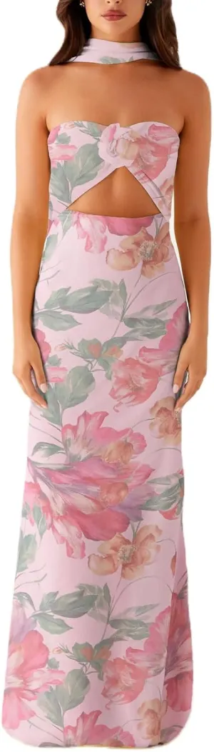 Womens Floral Strapless Maxi Bodycon Dress with Neck Scarf Sexy Cut Out Backless Tie Up Bandeau Tube Dresses