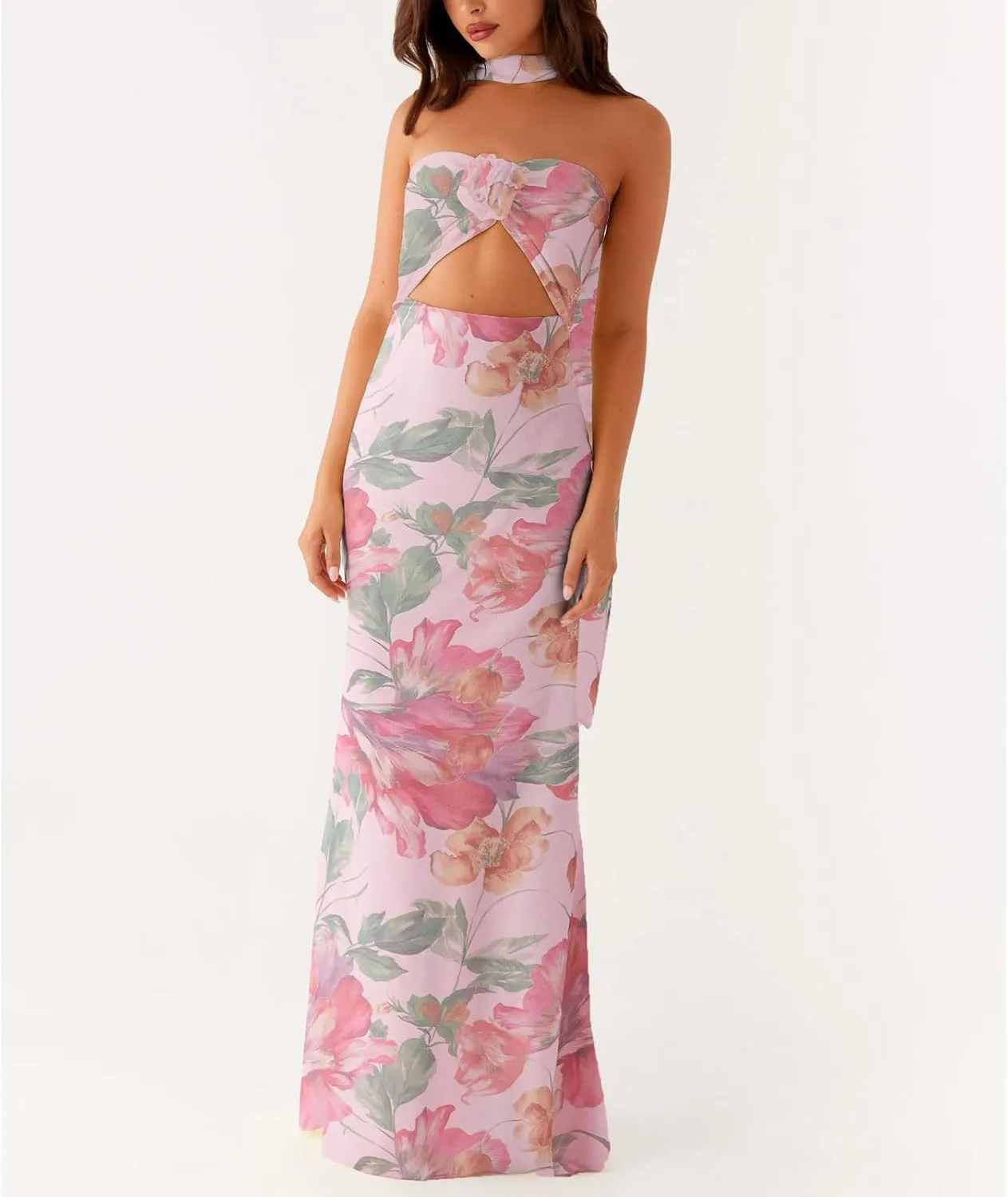 Womens Floral Strapless Maxi Bodycon Dress with Neck Scarf Sexy Cut Out Backless Tie Up Bandeau Tube Dresses