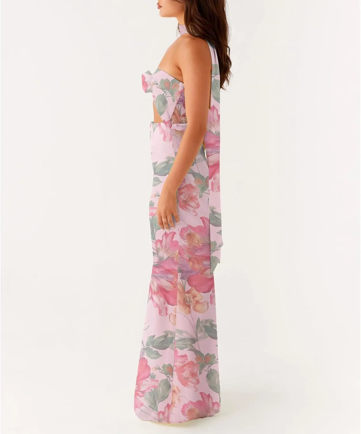 Womens Floral Strapless Maxi Bodycon Dress with Neck Scarf Sexy Cut Out Backless Tie Up Bandeau Tube Dresses