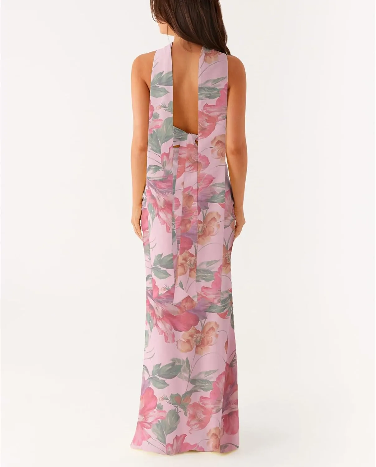 Womens Floral Strapless Maxi Bodycon Dress with Neck Scarf Sexy Cut Out Backless Tie Up Bandeau Tube Dresses