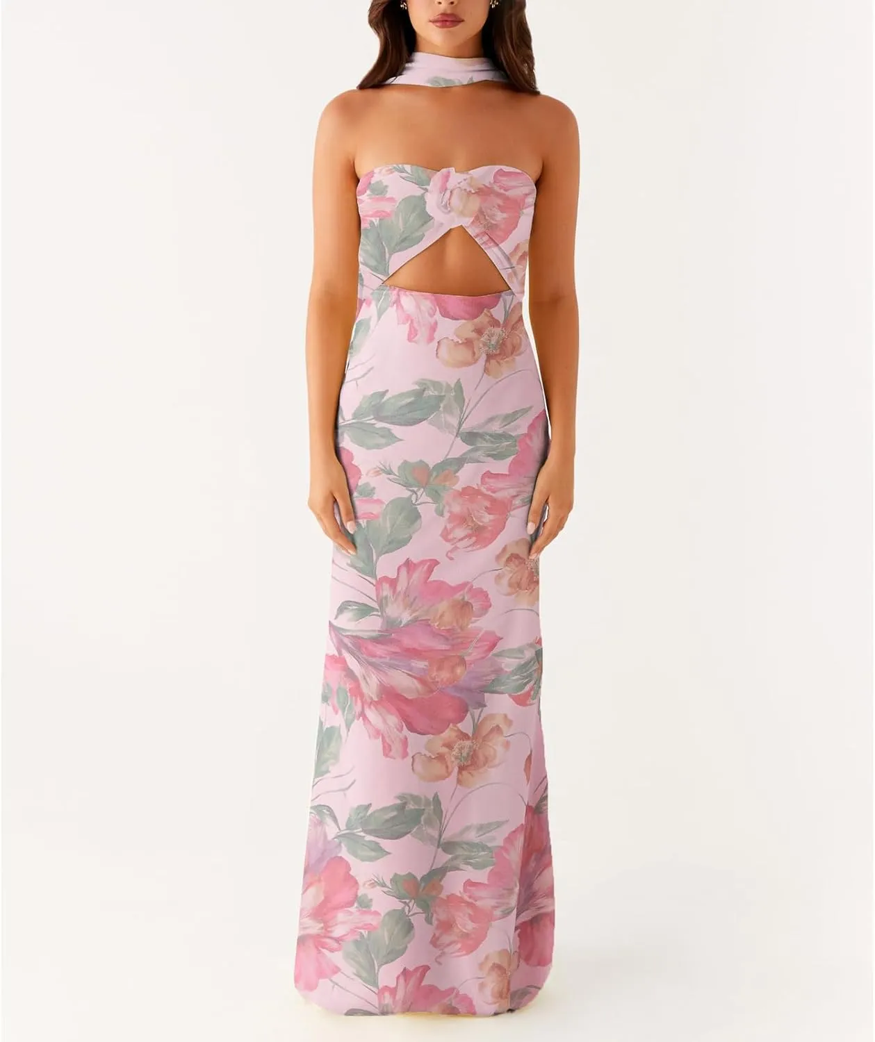 Womens Floral Strapless Maxi Bodycon Dress with Neck Scarf Sexy Cut Out Backless Tie Up Bandeau Tube Dresses