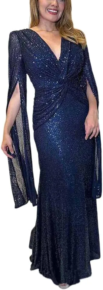 Womens Formal Sequin Evening Party Dress Maxi Cloak Sleeve Ball Gown V Neck Prom Gala/Cocktail/Club Elegant Dresses for Women