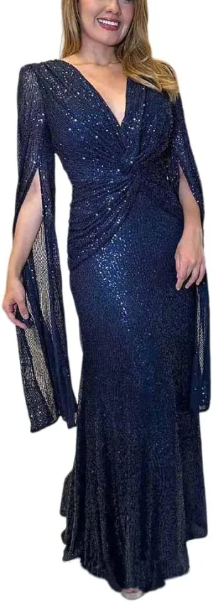 Womens Formal Sequin Evening Party Dress Maxi Cloak Sleeve Ball Gown V Neck Prom Gala/Cocktail/Club Elegant Dresses for Women