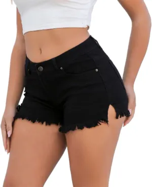 Women's Frayed Raw Hem Skinny Denim Shorts Mid Waist Stretchy Jean Shorts Casual Cuttoff Hot Short Pants with Pockets