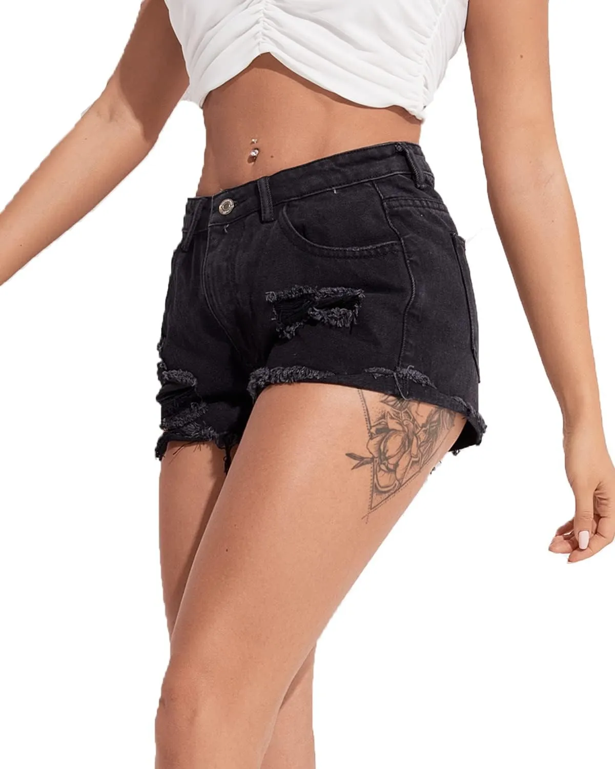 Womens High Waist Denim Shorts Frayed Raw Hem Ripped Distressed Jean Shorts
