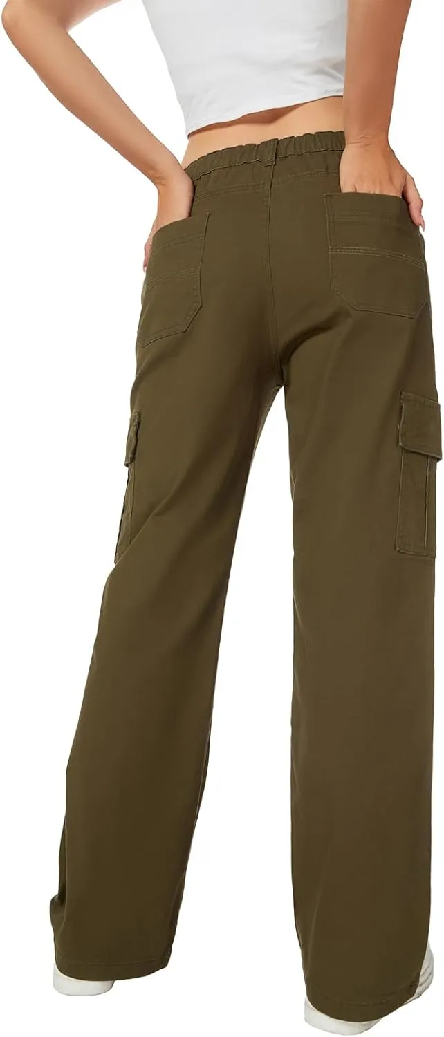 Women's High Waist Stretchy Cotton Cargo Pants Wide Leg Hiking Tactical Trousers with 6 Pockets