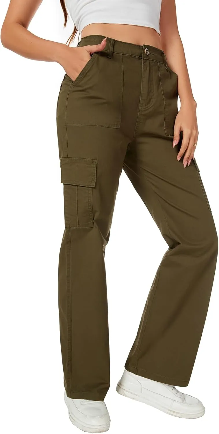 Women's High Waist Stretchy Cotton Cargo Pants Wide Leg Hiking Tactical Trousers with 6 Pockets
