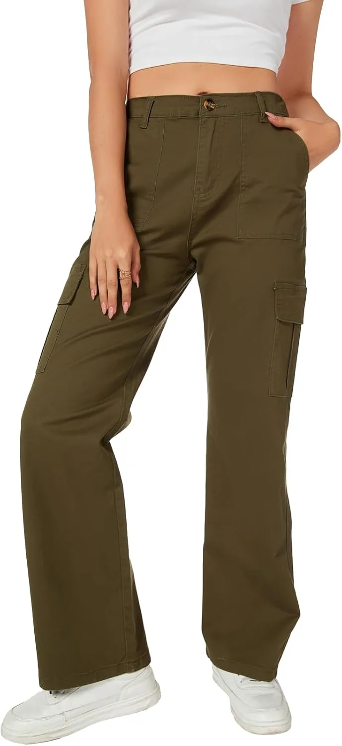 Women's High Waist Stretchy Cotton Cargo Pants Wide Leg Hiking Tactical Trousers with 6 Pockets