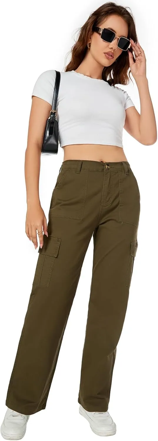 Women's High Waist Stretchy Cotton Cargo Pants Wide Leg Hiking Tactical Trousers with 6 Pockets