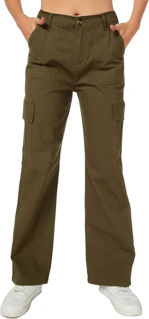Women's High Waist Stretchy Cotton Cargo Pants Wide Leg Hiking Tactical Trousers with 6 Pockets