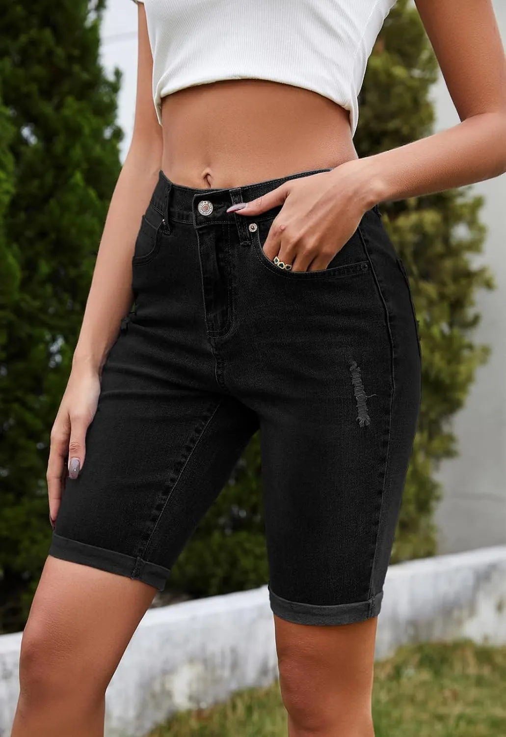 Women's High Waisted Bermuda Denim Shorts Folded Hem Elastic Waist Stretchy Jean Shorts