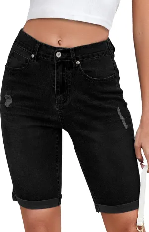 Women's High Waisted Bermuda Denim Shorts Folded Hem Elastic Waist Stretchy Jean Shorts