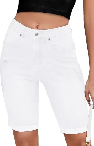 Women's High Waisted Bermuda Denim Shorts Folded Hem Elastic Waist Stretchy Jean Shorts