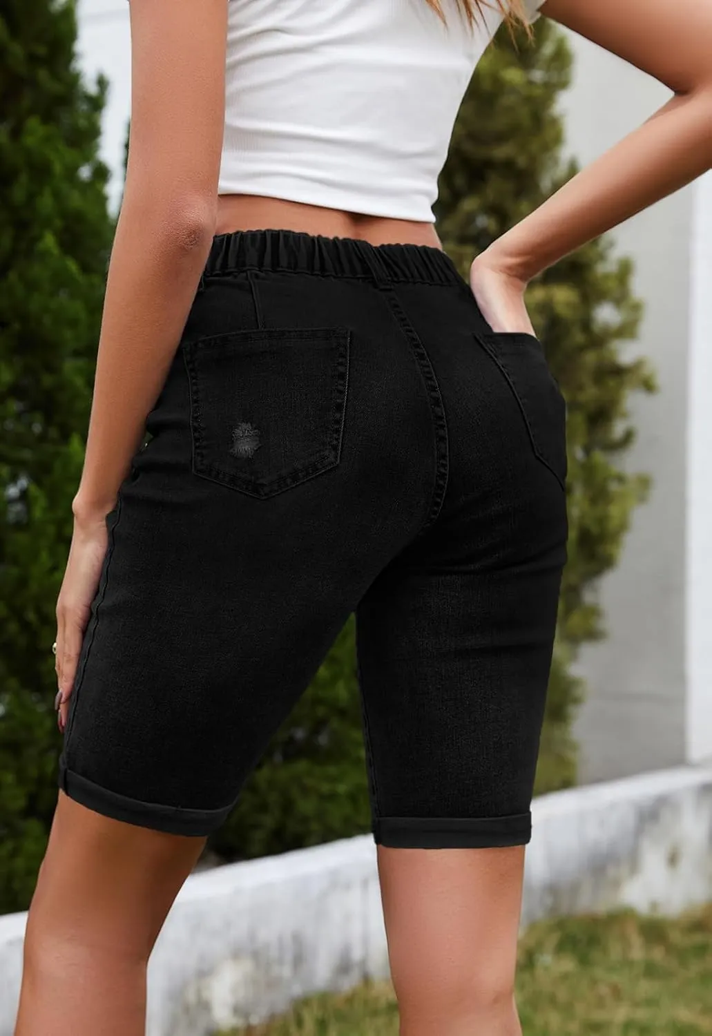 Women's High Waisted Bermuda Denim Shorts Folded Hem Elastic Waist Stretchy Jean Shorts