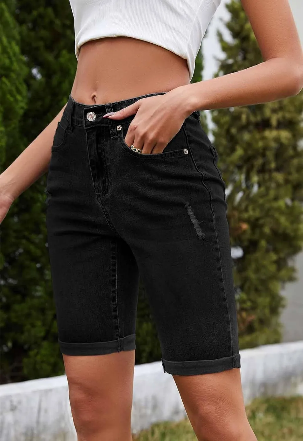 Women's High Waisted Bermuda Denim Shorts Folded Hem Elastic Waist Stretchy Jean Shorts