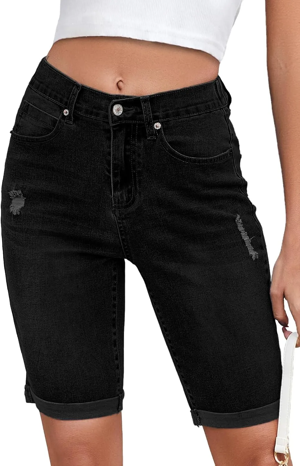 Women's High Waisted Bermuda Denim Shorts Folded Hem Elastic Waist Stretchy Jean Shorts