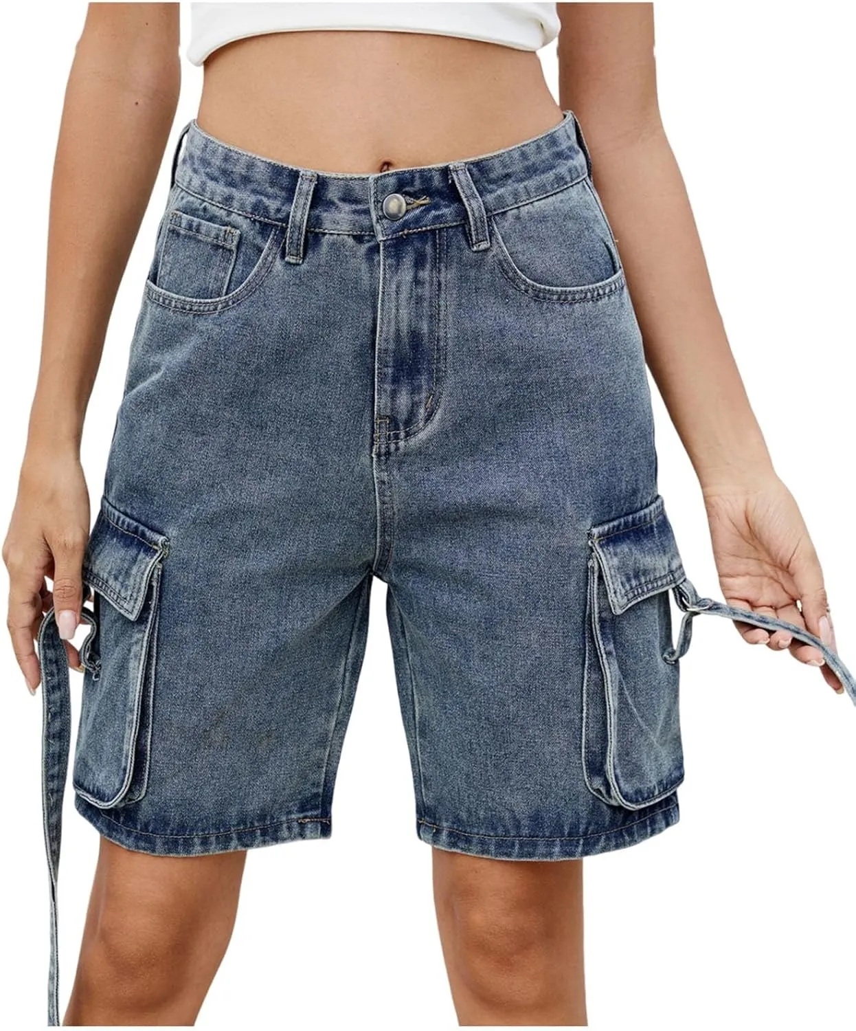 Women's High Waisted Jean Shorts Straight Leg Cargo Shorts Raw Hem Retro Denim Shorts Summer Hot Pants with Pockets