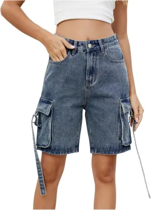 Women's High Waisted Jean Shorts Straight Leg Cargo Shorts Raw Hem Retro Denim Shorts Summer Hot Pants with Pockets