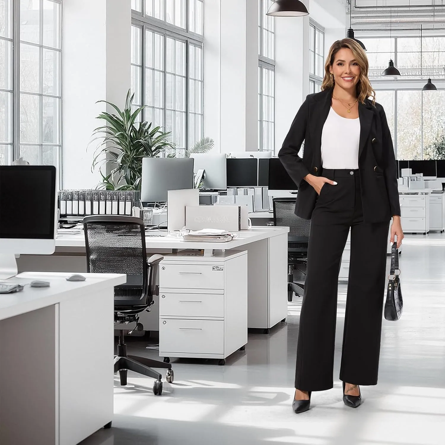 Women's High Waisted Wide Leg Dress Pants Business Casual Work Trousers with Pockets for Office Casual Wear