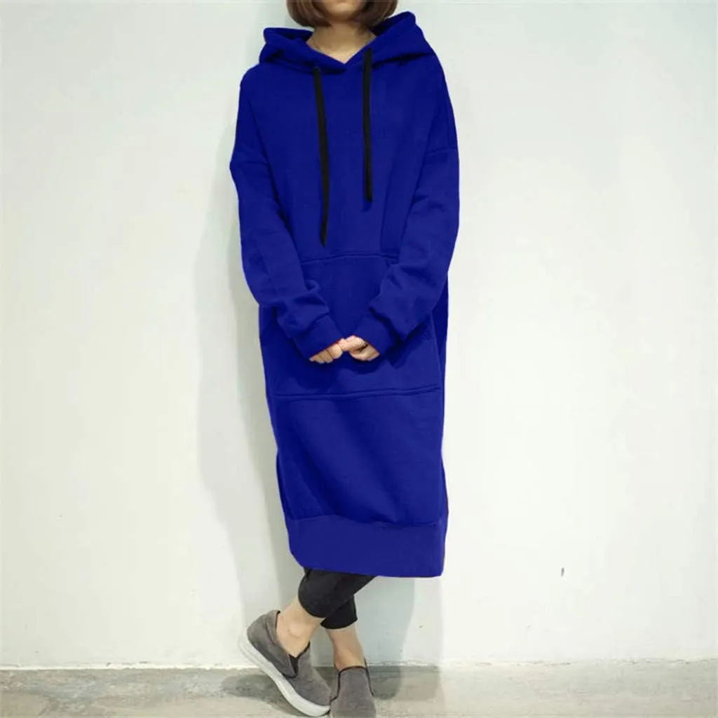 Women's Hooded Sweatshirt Dress Solid Color Casual Summer Long Sleeve Dresses Loose Pullover Long Hoodies with Pocket