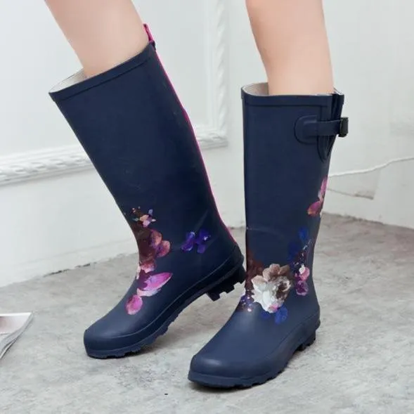 Women's knee high natural rubber rain boots floral print waterproof boots anti-slip