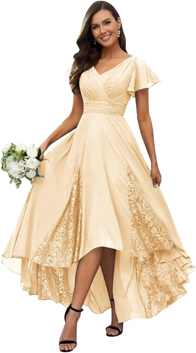 Womens Lace Tea Length Mother of The Bride Dresses Short Sleeve Wedding Guest Dress Formal Evening Ball Gown HQ-ABC905