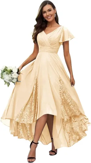 Womens Lace Tea Length Mother of The Bride Dresses Short Sleeve Wedding Guest Dress Formal Evening Ball Gown HQ-ABC905