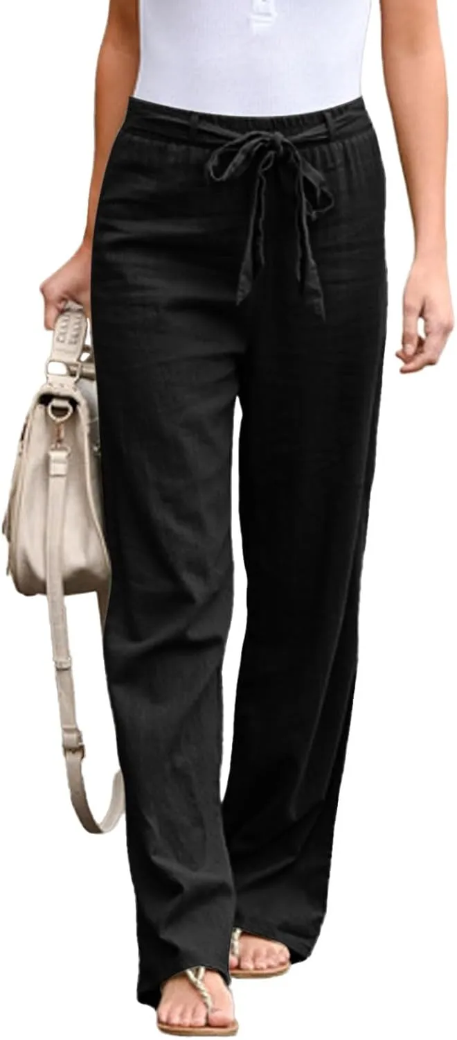 Women's Linen Blend Summer Letter Patched Pants Low Waist Straight Plus Size Trouser Travel