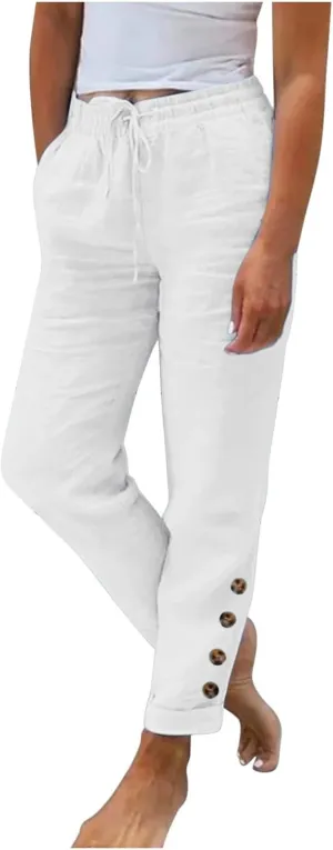 Womens Linen Blend Summer Y2K Fashion Pant Trousers Elastic Waisted Stretchy Slim Fit Palazzo Pants Trendy