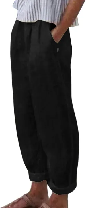 Womens Linen Blend Summer Y2K Streetwear Pants Elastic Waisted Baggy Stretchy Plus Size Trousers Beach