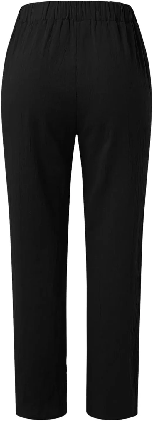 Womens Linen Blend Summer Y2K Streetwear Pants Elastic Waisted Baggy Stretchy Plus Size Trousers Beach