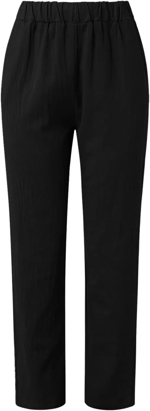 Womens Linen Blend Summer Y2K Streetwear Pants Elastic Waisted Baggy Stretchy Plus Size Trousers Beach