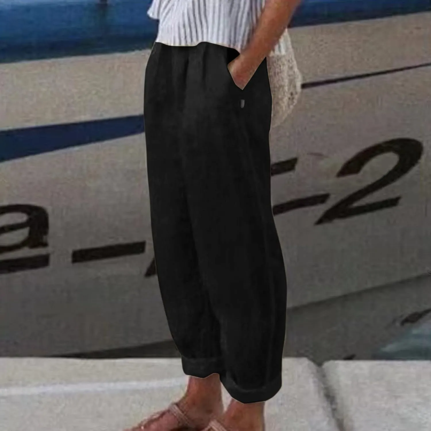 Womens Linen Blend Summer Y2K Streetwear Pants Elastic Waisted Baggy Stretchy Plus Size Trousers Beach