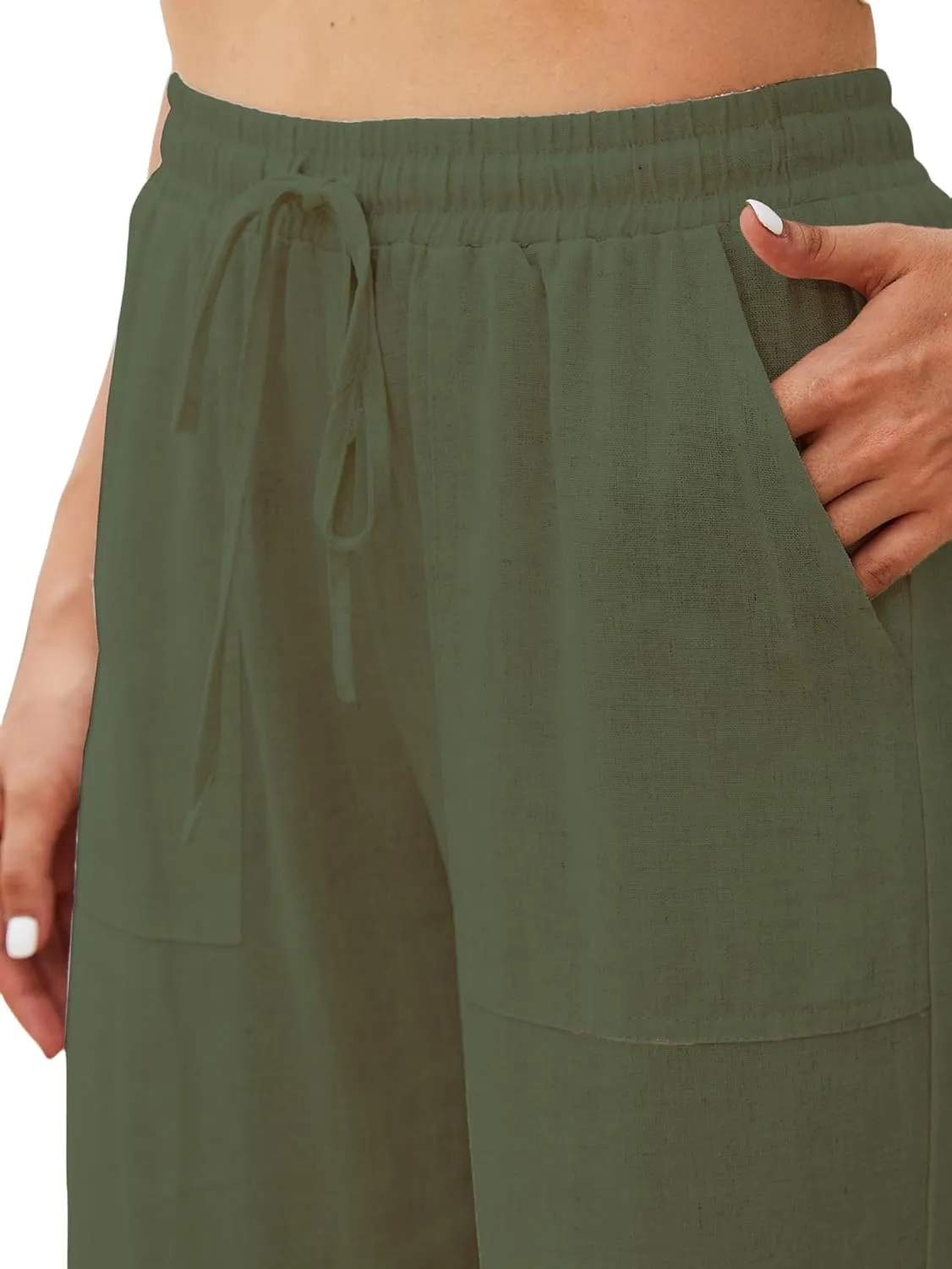 Womens Linen High Waisted Pants Boho Wide Leg Palazzo Beach Pants Drawstring Trousers Summer Outfits
