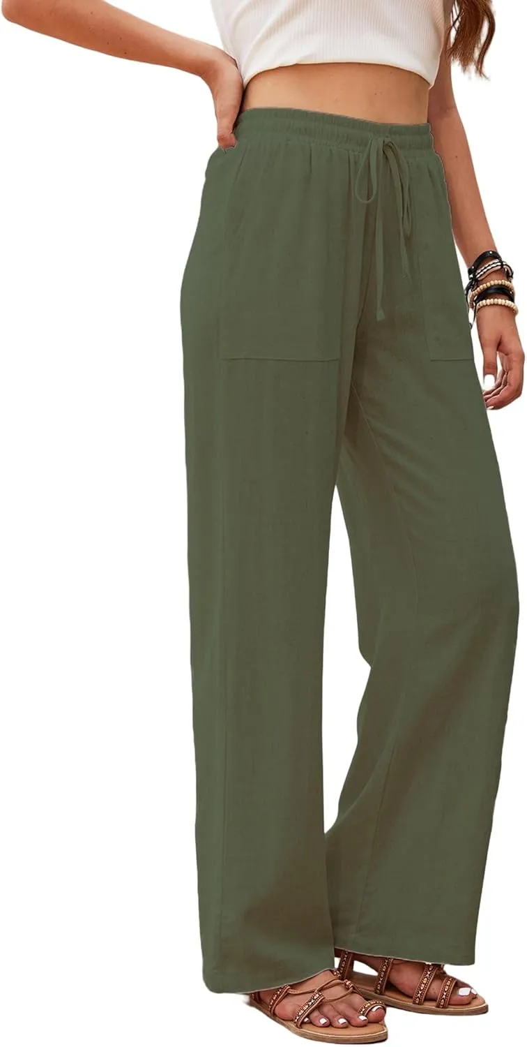 Womens Linen High Waisted Pants Boho Wide Leg Palazzo Beach Pants Drawstring Trousers Summer Outfits