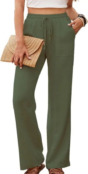 Womens Linen High Waisted Pants Boho Wide Leg Palazzo Beach Pants Drawstring Trousers Summer Outfits