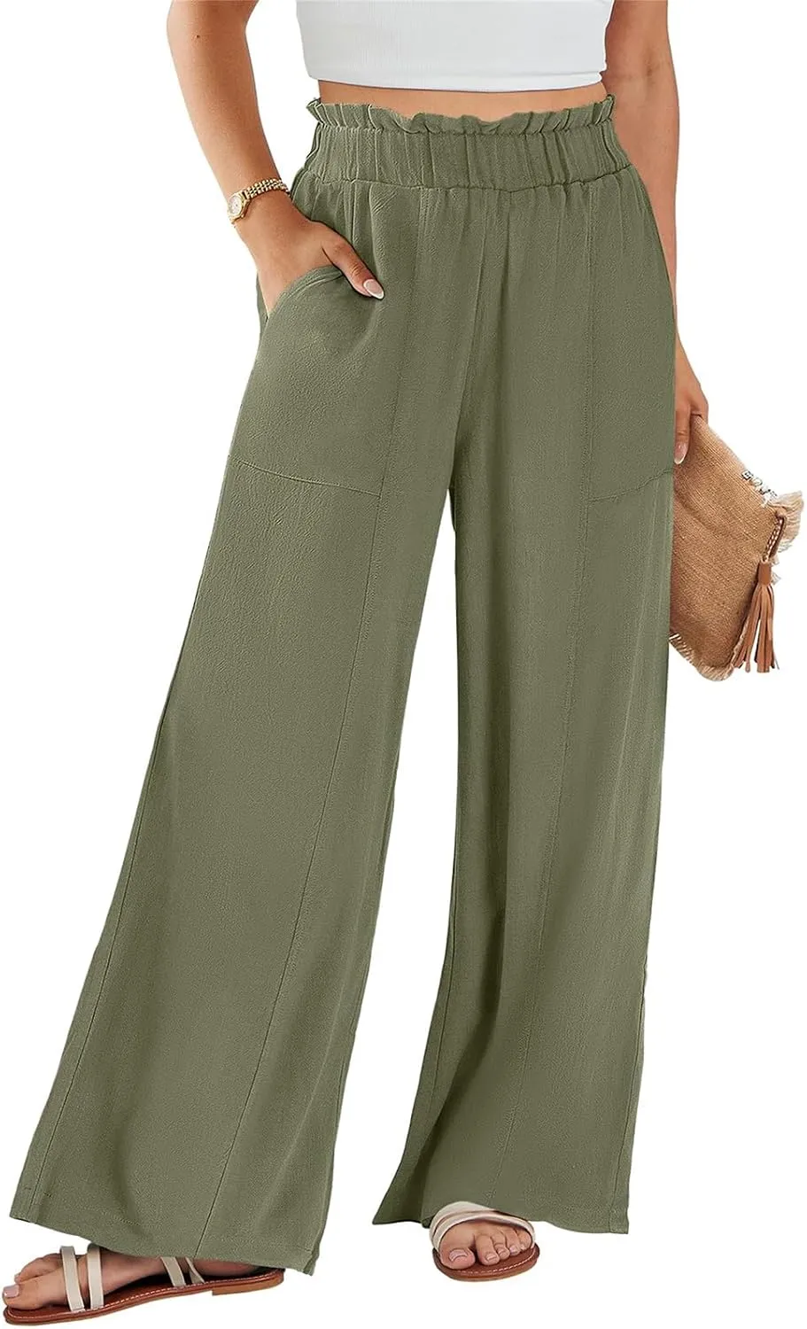 Women's Linen High Waisted Pants Palazzo Elastic Wide Leg Pant Flowy Beach Trousers for Summer Travel with Pockets