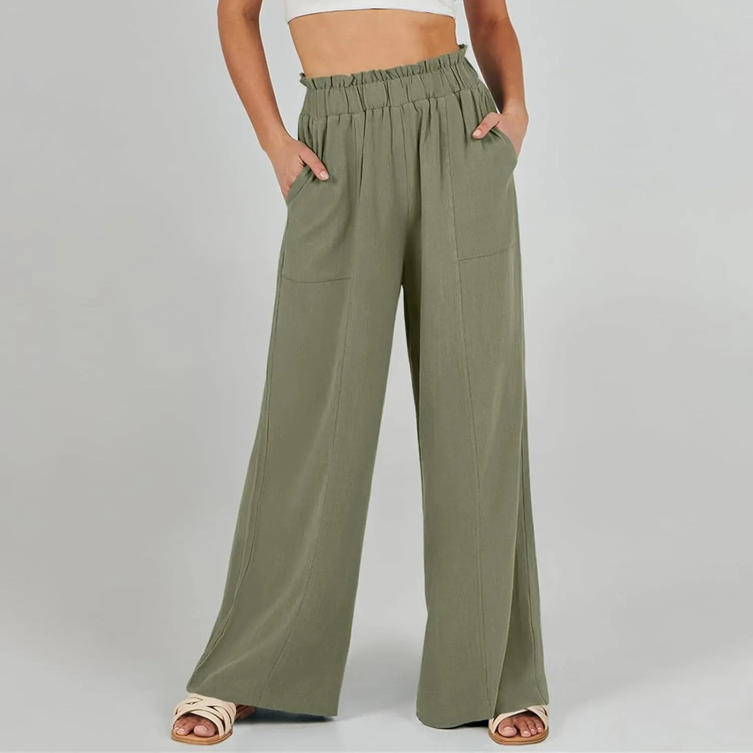 Women's Linen High Waisted Pants Palazzo Elastic Wide Leg Pant Flowy Beach Trousers for Summer Travel with Pockets