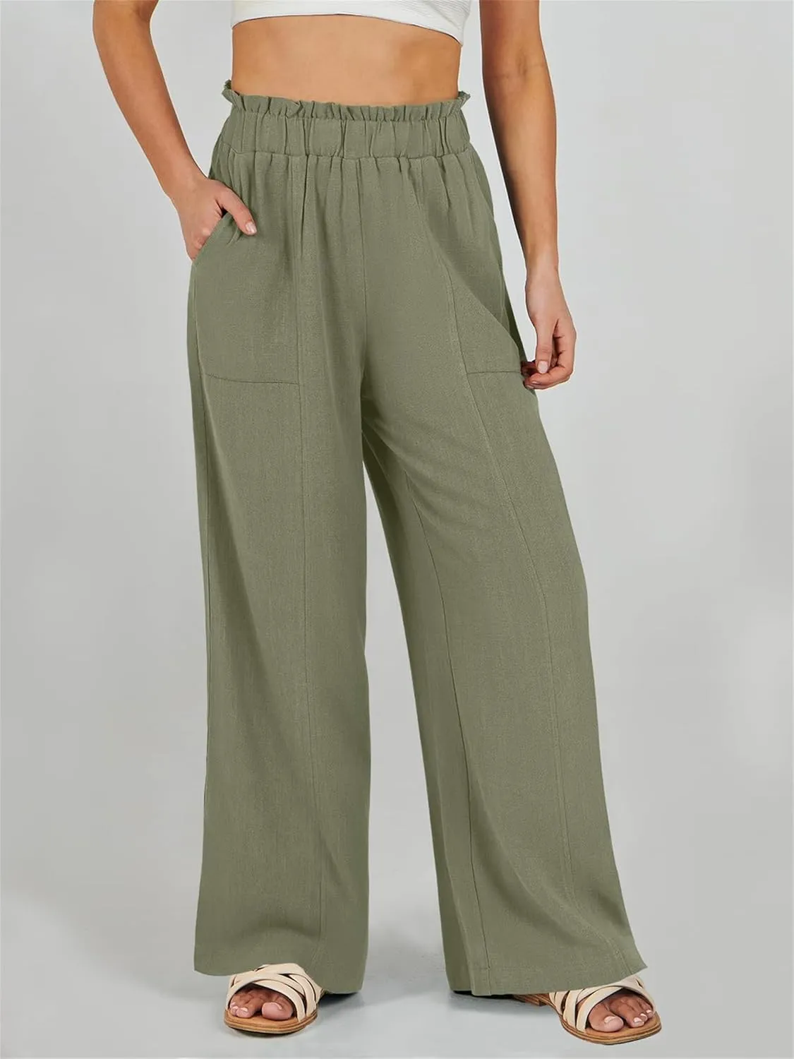 Women's Linen High Waisted Pants Palazzo Elastic Wide Leg Pant Flowy Beach Trousers for Summer Travel with Pockets