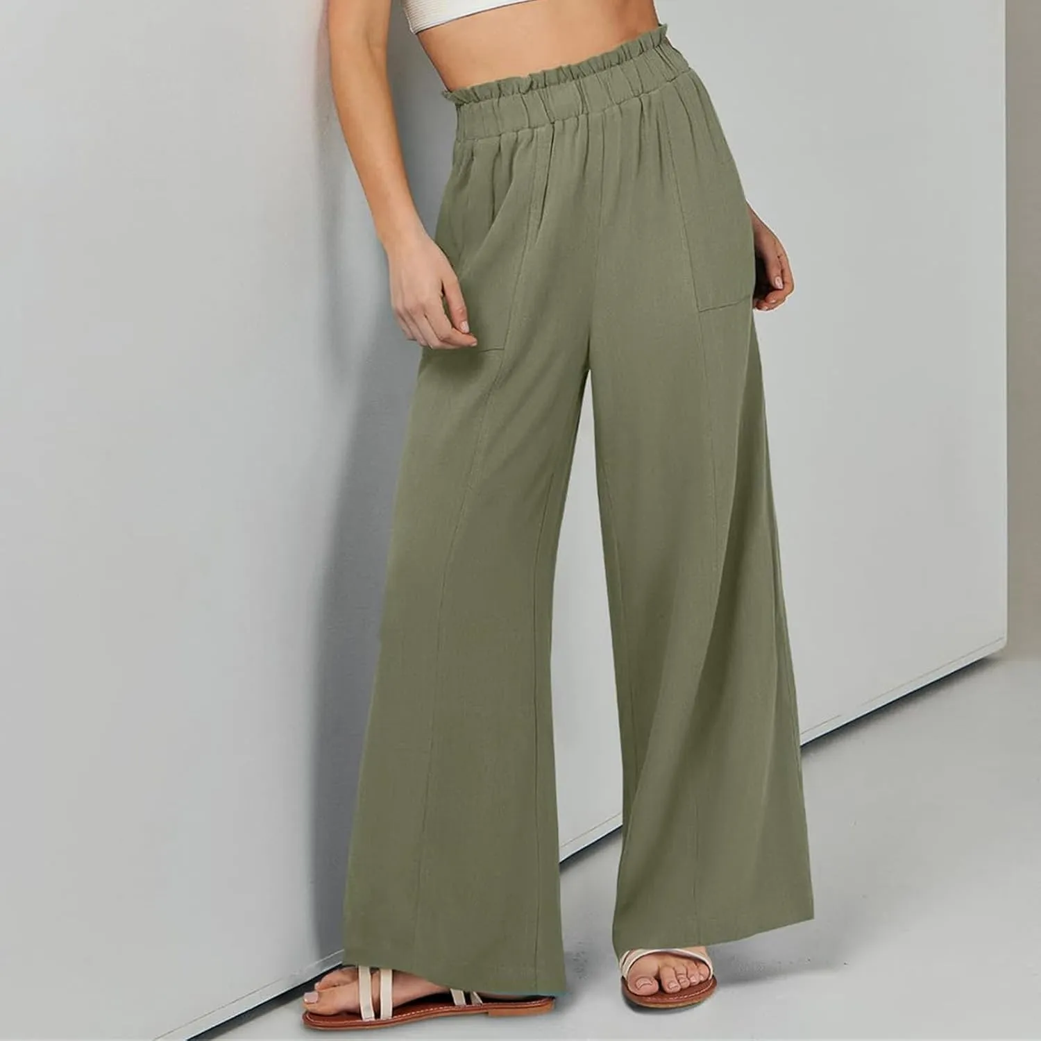 Women's Linen High Waisted Pants Palazzo Elastic Wide Leg Pant Flowy Beach Trousers for Summer Travel with Pockets