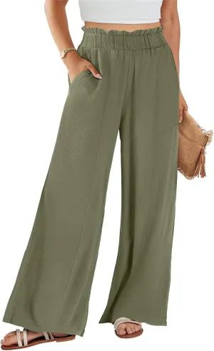Women's Linen High Waisted Pants Palazzo Elastic Wide Leg Pant Flowy Beach Trousers for Summer Travel with Pockets