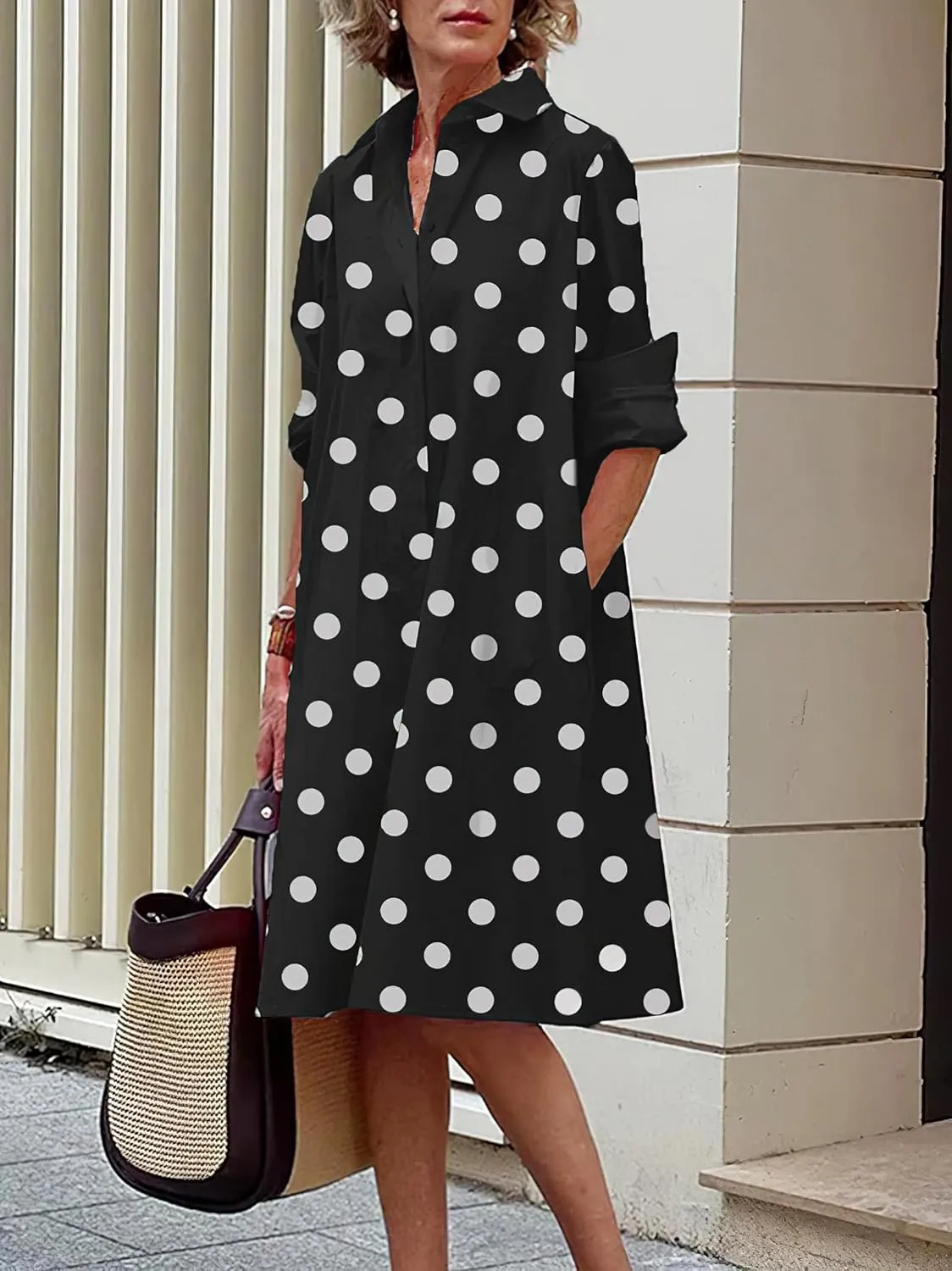 Womens Linen Long Sleeve Simple Printed Button Down Shirt Dress Plus Size Loose Shirt Dresses for Women with 2 Pockets